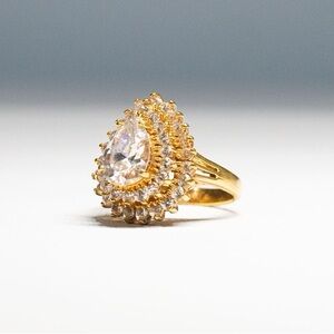 Vintage Lind Pear Cut Layered Cubic Zirconia Cocktail Ring: 14K HGE Gold, Size 6